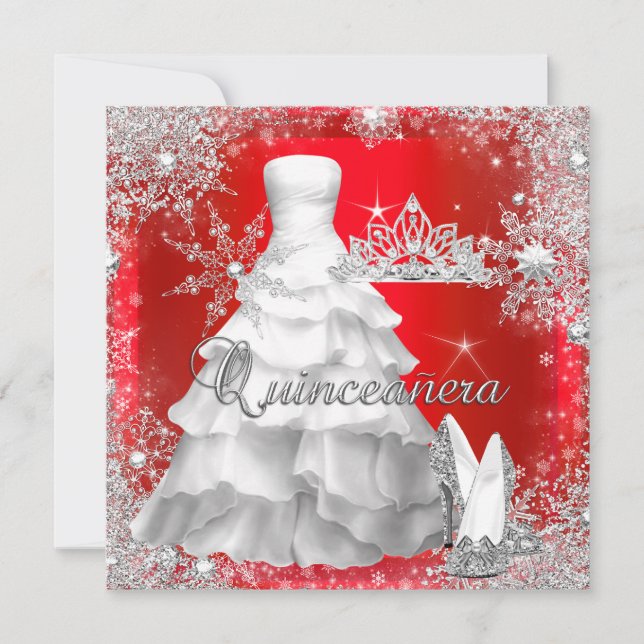 Invitación Quinceanera 15º cumpleaños plateado rojo caliente (Anverso)