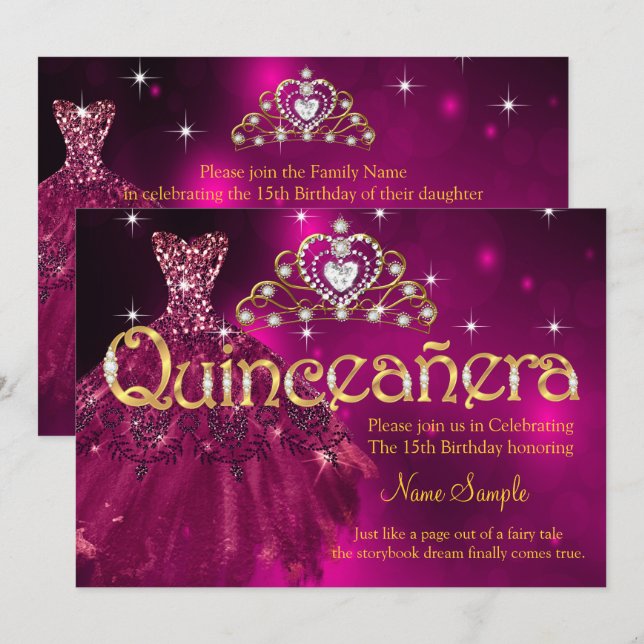 Invitación Quinceanera 15º cumpleaños Plum Vestido rosa Tiara (Anverso / Reverso)