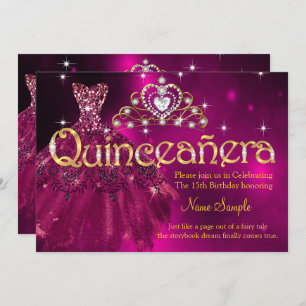 Invitación Quinceanera 15º cumpleaños Plum Vestido rosa Tiara