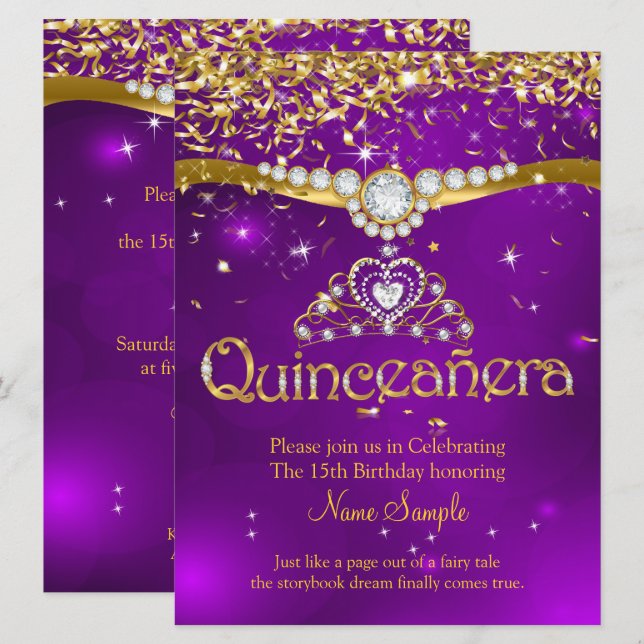 Invitación Quinceanera 15º cumpleaños Purple Confetti Gold (Anverso / Reverso)