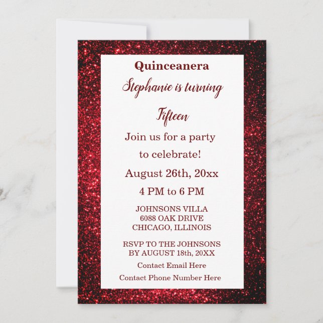 Invitación Quinceanera 15º cumpleaños Purpurina rojo borgoña (Anverso)
