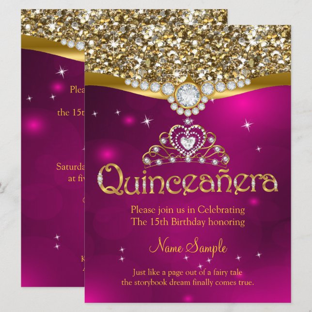 Invitación Quinceanera 15º cumpleaños Purpurina rosado oro (Anverso / Reverso)