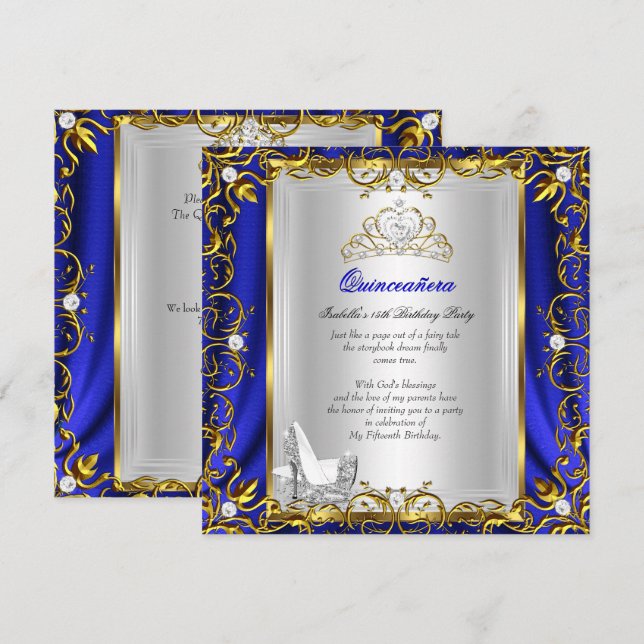 Invitación Quinceanera 15º cumpleaños Real Azul (Anverso / Reverso)