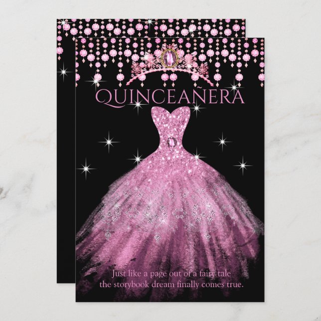 Invitación Quinceanera 15º cumpleaños Rubor vestido rosa Tiar (Anverso / Reverso)