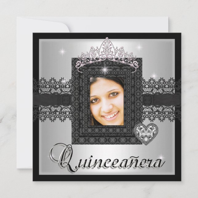 Invitación Quinceanera 15º cumpleaños Silver Black Lace (Anverso)