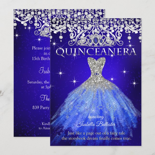 Invitación Quinceanera 15º cumpleaños Tiara azul real (Anverso / Reverso)