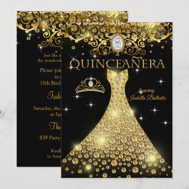 Invitación Quinceanera 15º cumpleaños Tiara de oro negro (Anverso / Reverso)