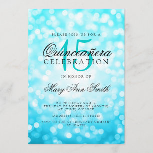 Invitación Quinceanera 15º cumpleaños Turquoise Bokeh Luces