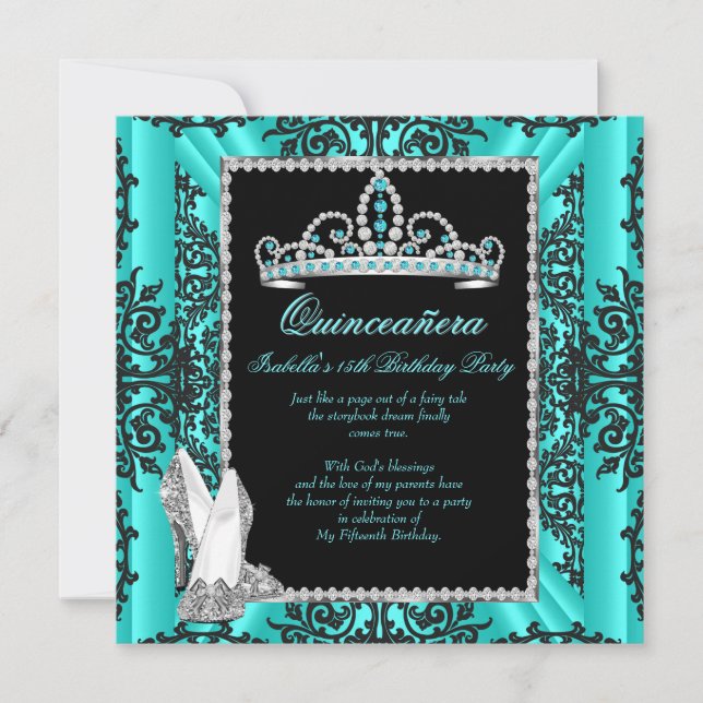 Invitación Quinceanera 15º cumpleaños Verde azulado Blue Blac (Anverso)