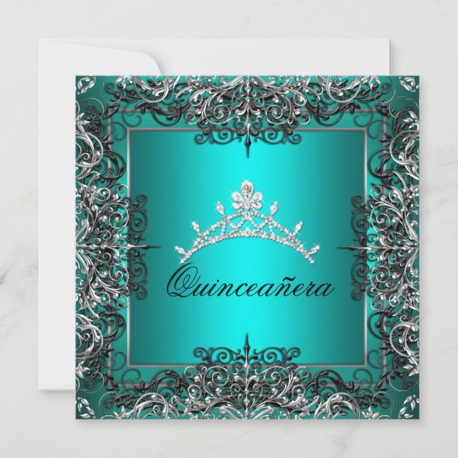 Invitación Quinceanera 15º cumpleaños Verde azulado Blue Blac (Anverso)