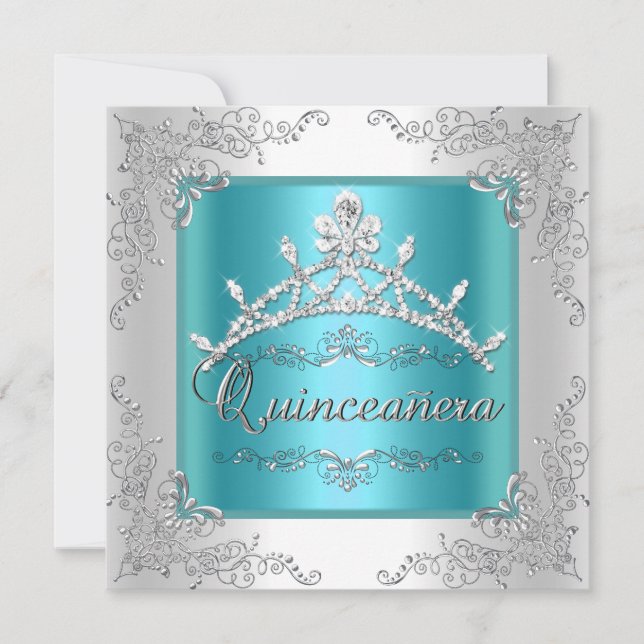 Invitación Quinceanera 15º cumpleaños Verde azulado Blue Silv (Anverso)