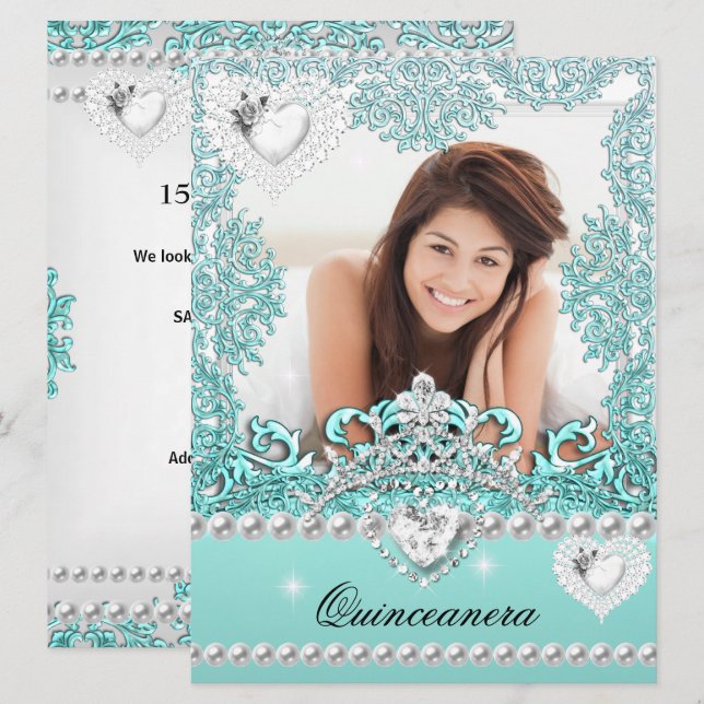 Invitación Quinceanera 15º cumpleaños Verde azulado Plata Azu (Anverso / Reverso)