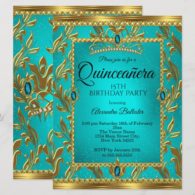 Invitación Quinceanera 15º cumpleaños Verde azulado Tiara Gol (Anverso / Reverso)