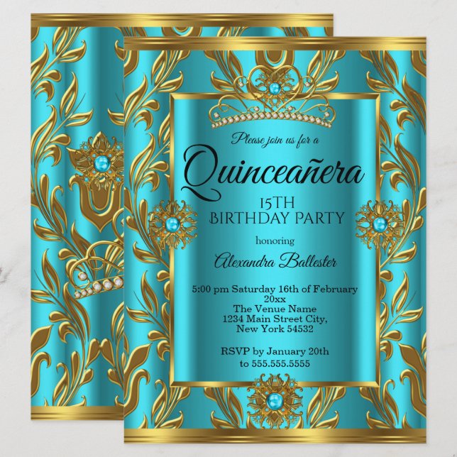 Invitación Quinceanera 15º cumpleaños Verde azulado Tiara Gol (Anverso / Reverso)