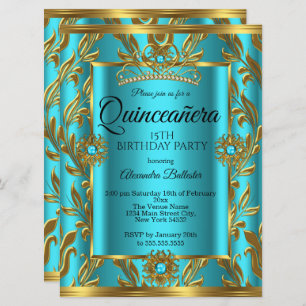 Invitación Quinceanera 15º cumpleaños Verde azulado Tiara Gol