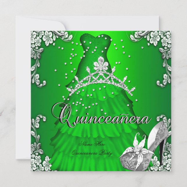 Invitación Quinceanera 15º cumpleaños vestido de vestir verde (Anverso)