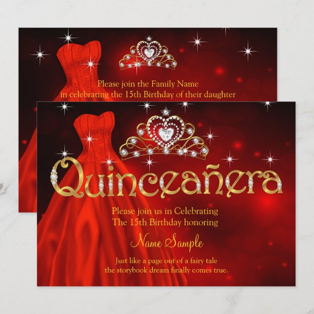 Invitación Quinceanera 15º cumpleaños vestido rojo regio Tiar (Anverso / Reverso)
