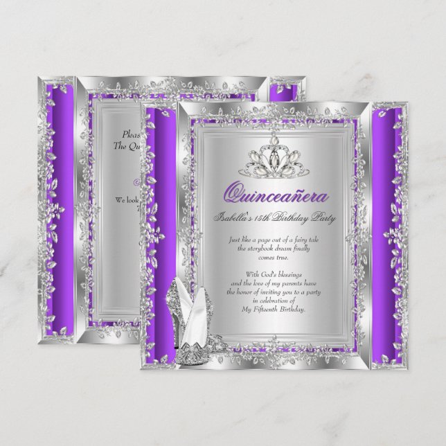 Invitación Quinceanera 15º cumpleaños zapatos de plata morada (Anverso / Reverso)