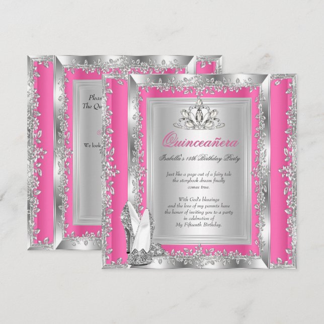 Invitación Quinceanera 15º cumpleaños Zapatos de plata rosada (Anverso / Reverso)