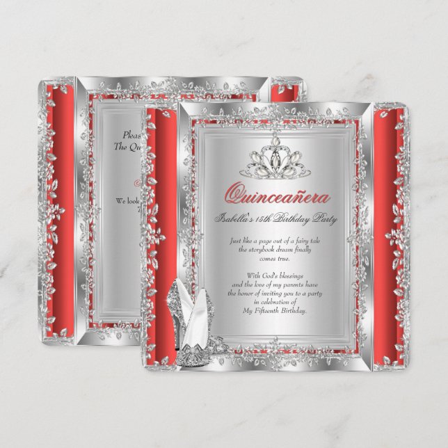 Invitación Quinceanera 15º cumpleaños zapatos rojos de plata (Anverso / Reverso)