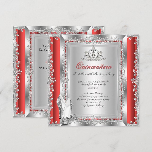 Invitación Quinceanera 15º cumpleaños zapatos rojos de plata (Anverso / Reverso)