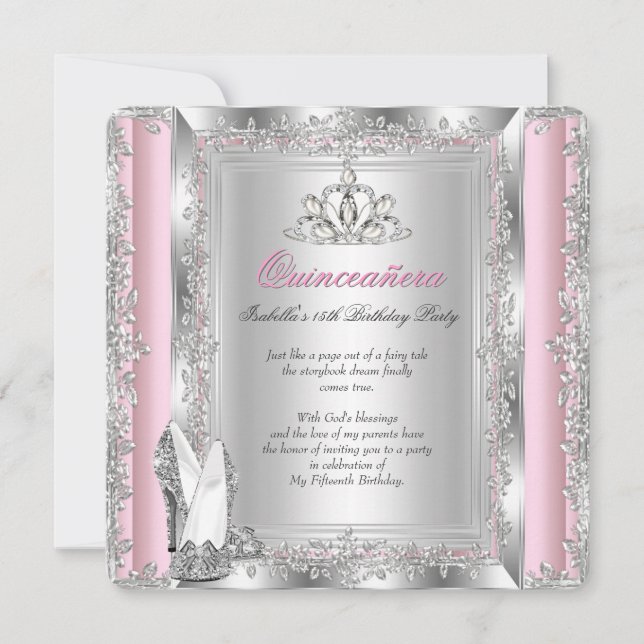 Invitación Quinceanera 15º cumpleaños zapatos rosados de plat (Anverso)