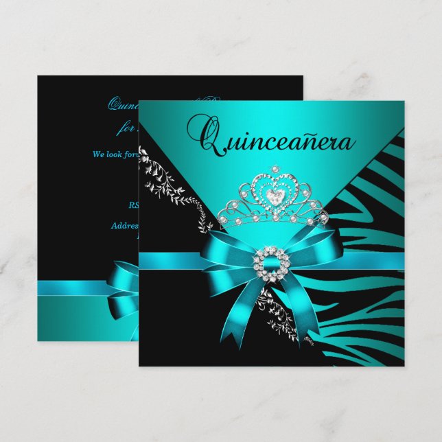 Invitación Quinceanera 15º cumpleaños Zebra Azul Tiara Negro (Anverso / Reverso)