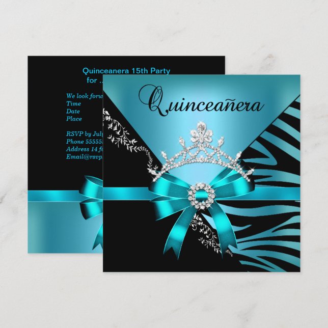 Invitación Quinceanera 15º cumpleaños Zebra Azul Tiara Negro (Anverso / Reverso)