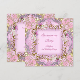 Invitación Quinceañera 15º Damasco Rosa Dorado Floral