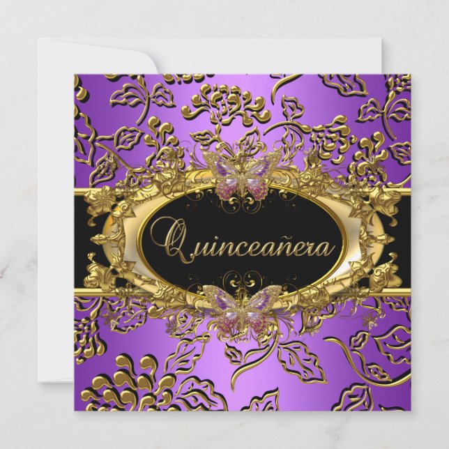 Invitación Quinceanera 15º Damask Purple Gold Black (Anverso)
