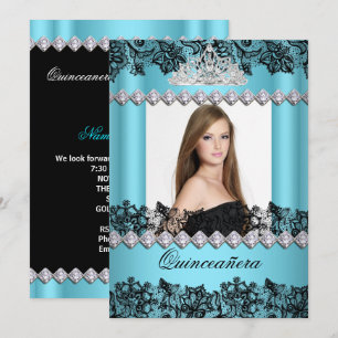 Invitación Quinceañera 15º Encaje Azul Negro Blanco Foto