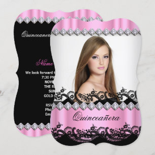 Invitación Quinceañera 15º Encaje Rosa Negro Blanco Foto