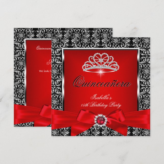 Invitación Quinceanera 15º Fiesta Damask Red Silver Negro 3 (Anverso / Reverso)