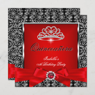 Invitación Quinceanera 15º Fiesta Damask Red Silver Negro 3