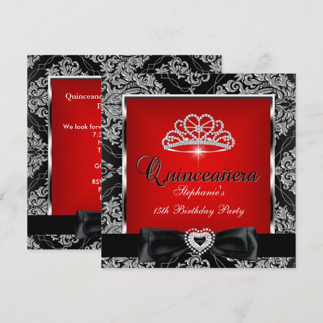 Invitación Quinceanera 15º Fiesta Damask Rojo Plata Negro (Anverso / Reverso)