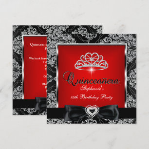 Invitación Quinceanera 15º Fiesta Damask Rojo Plata Negro