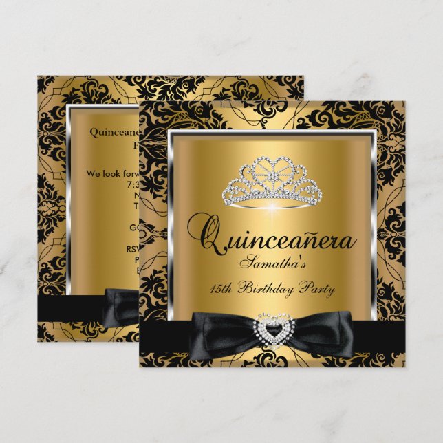 Invitación Quinceanera 15º Fiesta Dámpara dorado Negro (Anverso / Reverso)