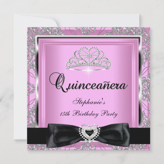 Invitación Quinceanera 15º Fiesta Dámpara rosa Negro (Anverso)