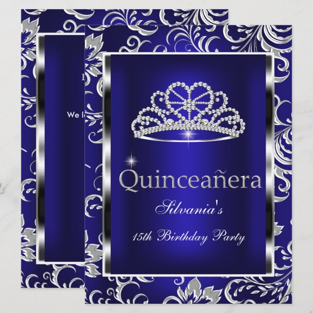 Invitación Quinceanera 15º Fiesta Dark Blue Damask Silver (Anverso / Reverso)