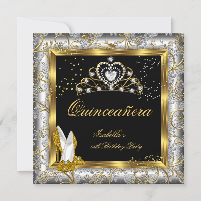 Invitación Quinceañera 15º Fiesta Glam Dámpara Plata Dorada (Anverso)