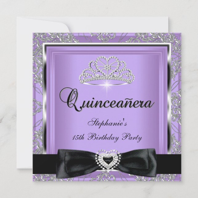 Invitación Quinceanera 15º Fiesta Lilac Damask Plata Negro (Anverso)