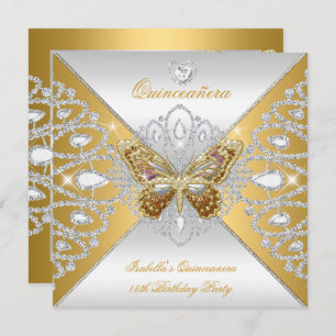 Invitación Quinceanera 15º Fiesta Mariposa Plata de Oro Tiara