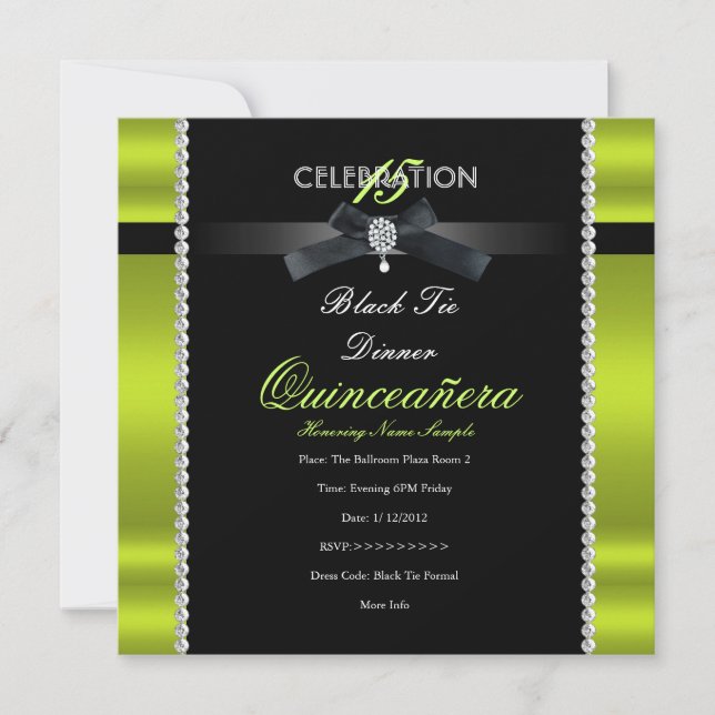 Invitación Quinceanera 15º Fiesta negro blanco verde (Anverso)