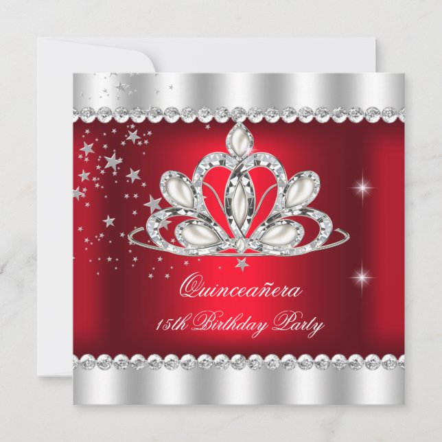 Invitación QUINCEANERA 15º Fiesta Plata roja oscura Tiara (Anverso)