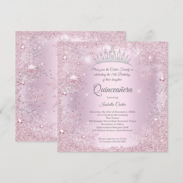 Invitación Quinceanera 15º Fiesta Rubor Invierno de copo de n (Anverso / Reverso)