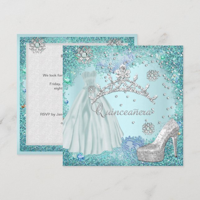 Invitación Quinceanera 15º Fiesta Suave Vestido Verde azulado (Anverso / Reverso)