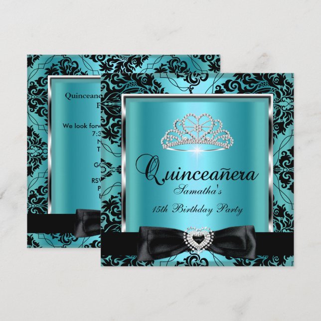 Invitación Quinceanera 15º Fiesta Verde azulado Damask Plata  (Anverso / Reverso)