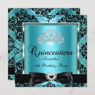 Invitación Quinceanera 15º Fiesta Verde azulado Damask Plata 