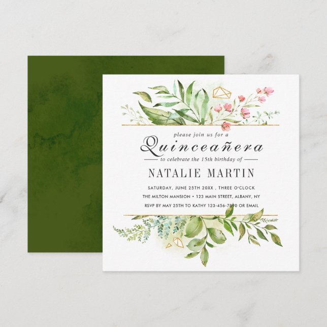 Invitación Quinceanera 15º Foliage Verde Floral (Anverso / Reverso)