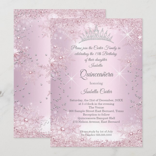 Invitación Quinceanera 15º invierno de copos de nieve rosa Ru (Anverso / Reverso)